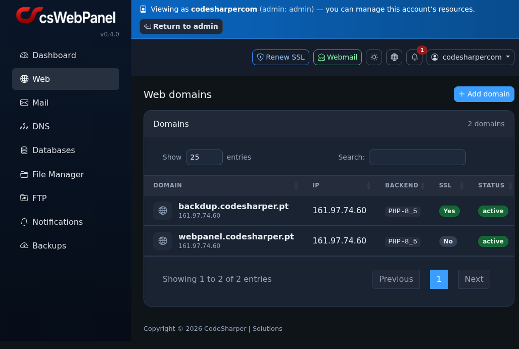 csWebPanel web domains